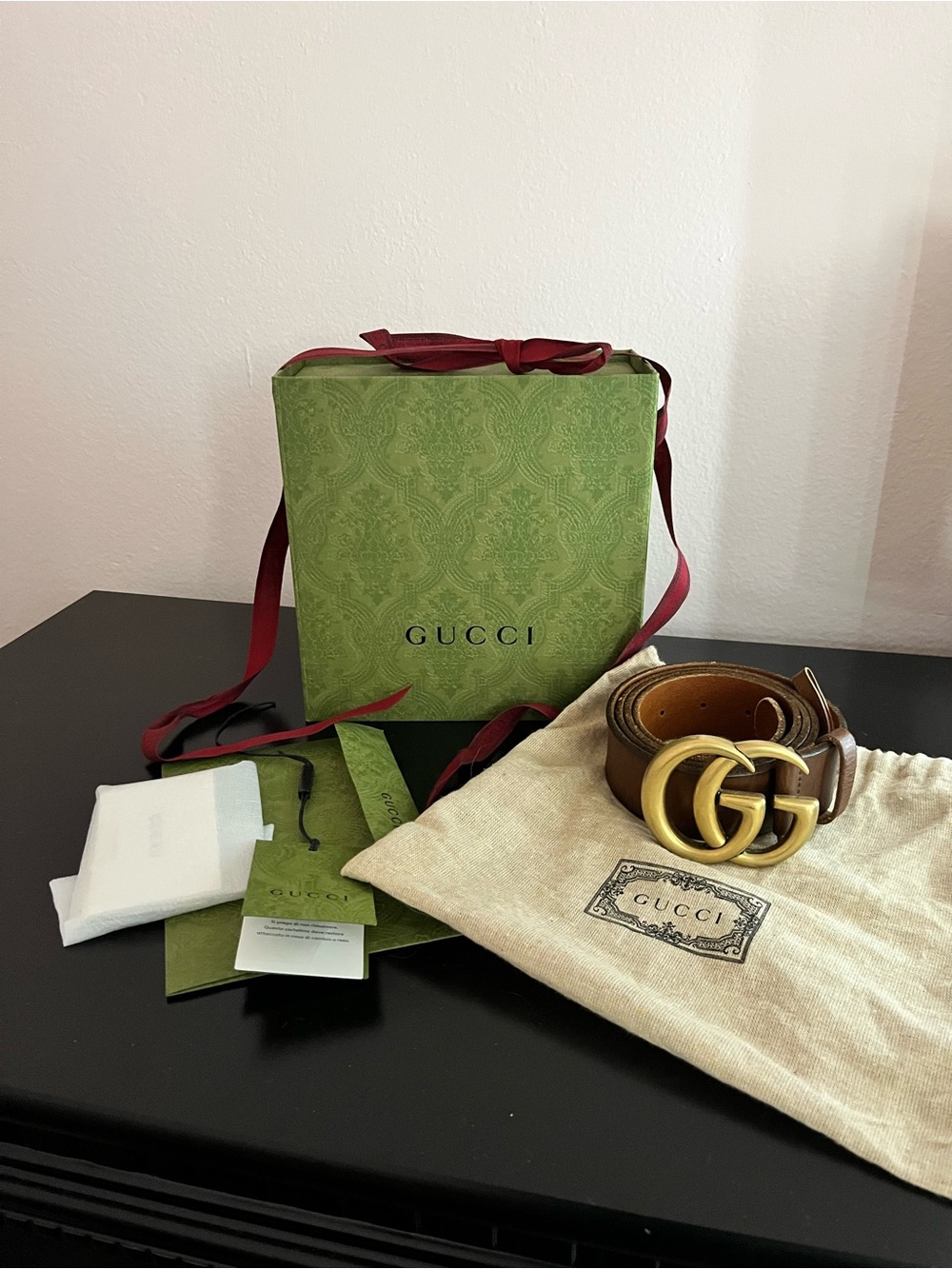 Authentic Gucci Brown Leather Belt with Gold Double G Buckle